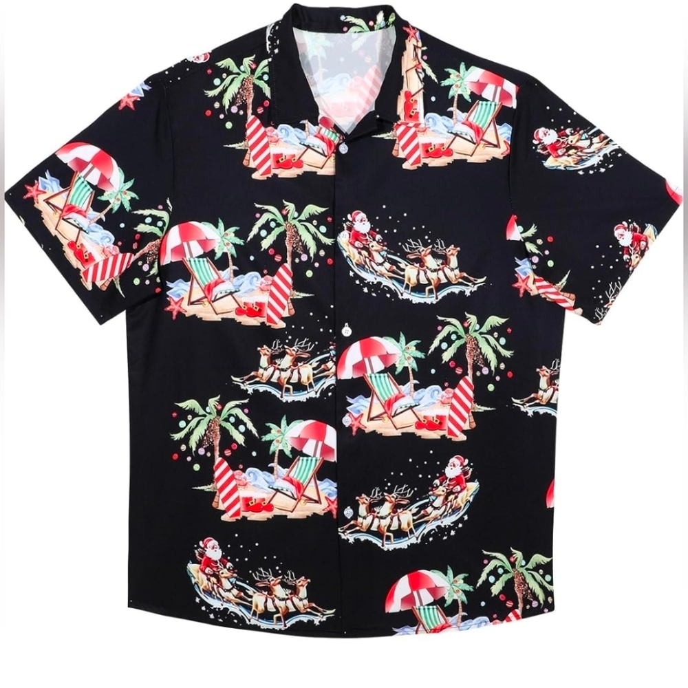 NWOT ... Hawaiian Santa Festive Black Christmas Holiday Print Shirt